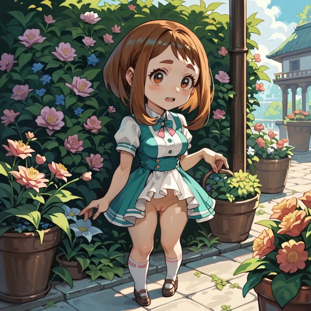 Ochako Uraraka, chibi, petite, fully dressed, candy expression, standing, garden with flowers