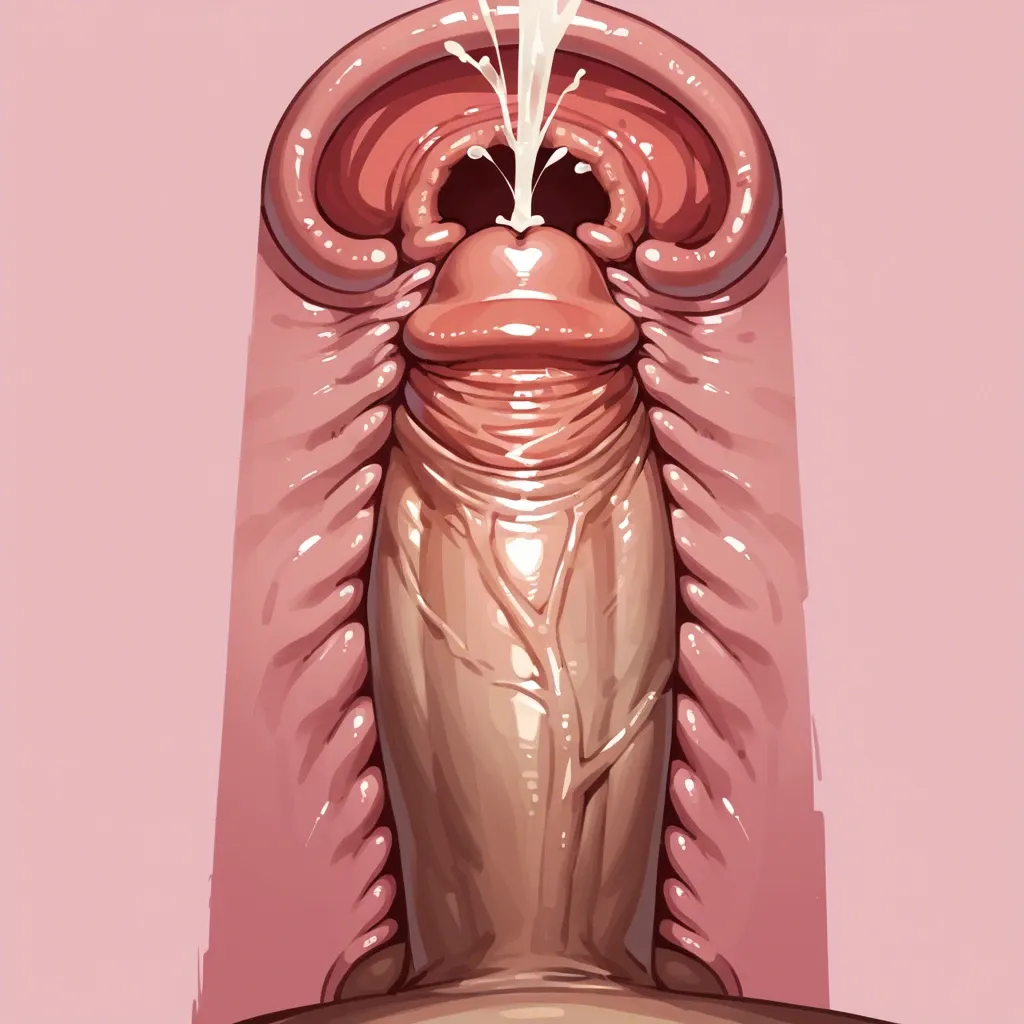 Extreme close-up, x-ray, cervix penetration, ejaculation, pov, penis focus, pink background, solo, disembodied big penis