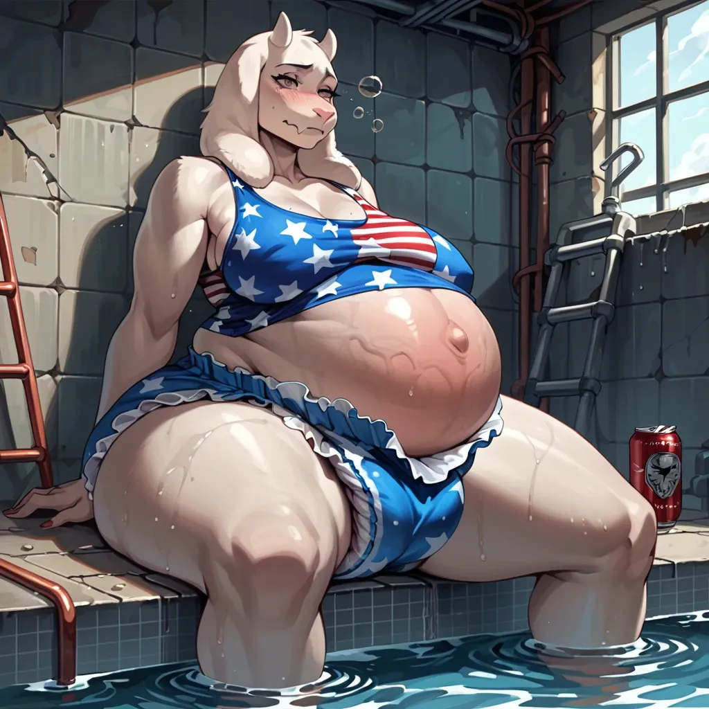 1 girl,solo,,,, Toriel (Undertale),massive tits, massive ass, wide hips, thick thighs, hyper pregnancy, diaper, American flag tank top, beer cans, abandoned pool, soaked, drunk, hiccups