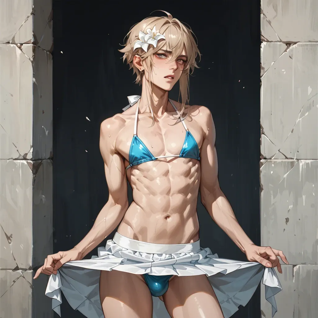 a crossdressing very femine boy (long blond hair, NO ABS) lifting his skirt to show his bulge in a firly bikini