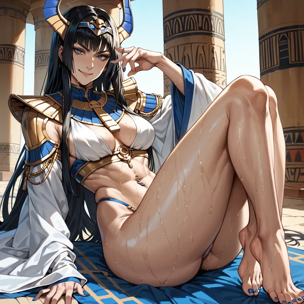 Satsuki kiryuin, soft smile, gentle smile, seductive eyes, head tilt, Egyptian, anime art style, long legs, thick thighs, sweaty, smirking, navel piercing, athletic, thin waist, foot focus, painted toenails, feet, nude, standing, high heels, knee up, foot fetish, anklet, jewellery,