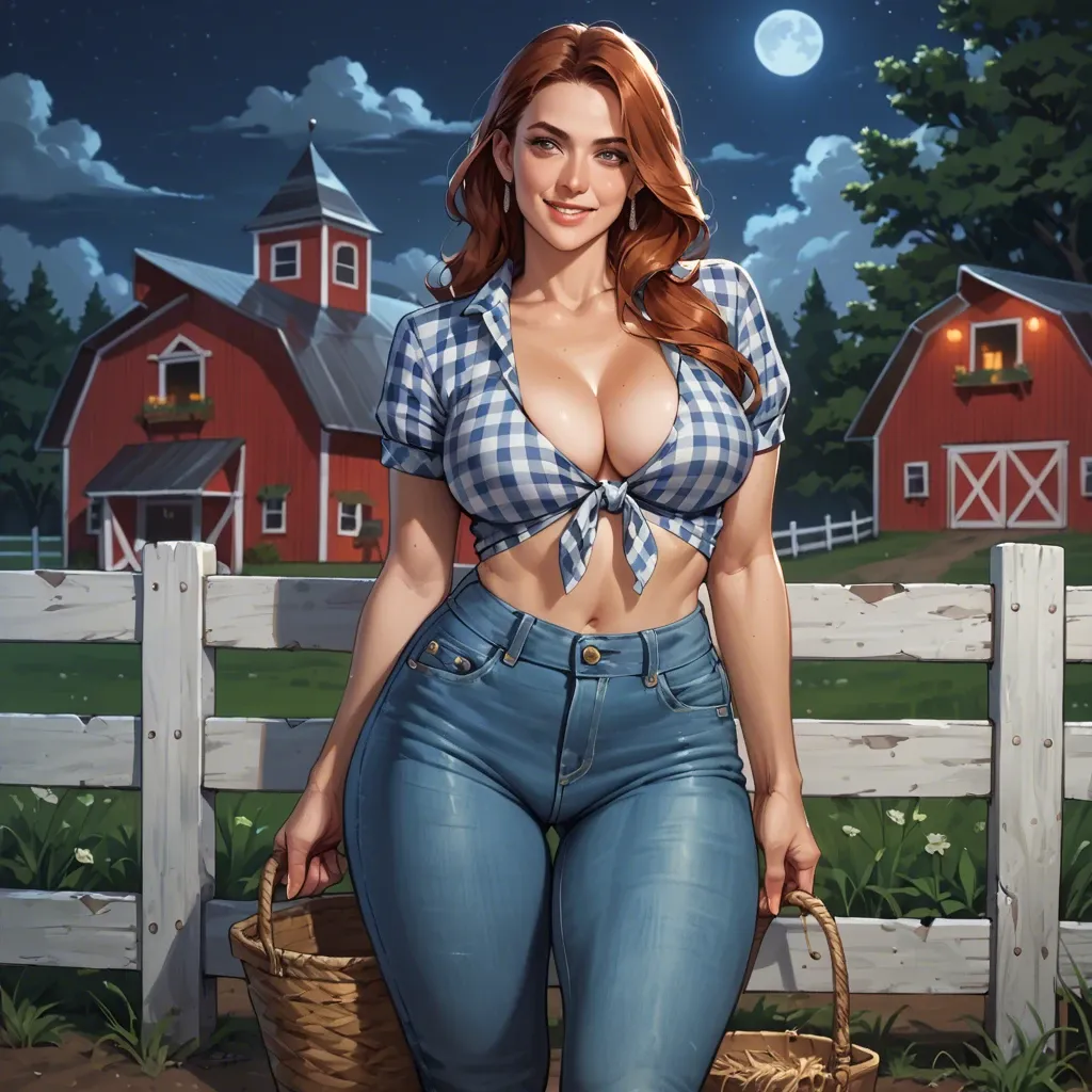 Milf, Voluptous, big boobs, big ass, perfect body, auburn hair,  long hair, farm , country outfit, jeans knickers, exposed thighs, navel, seductive smile, fully dressed, solo, front facing, standing, night, cleavage