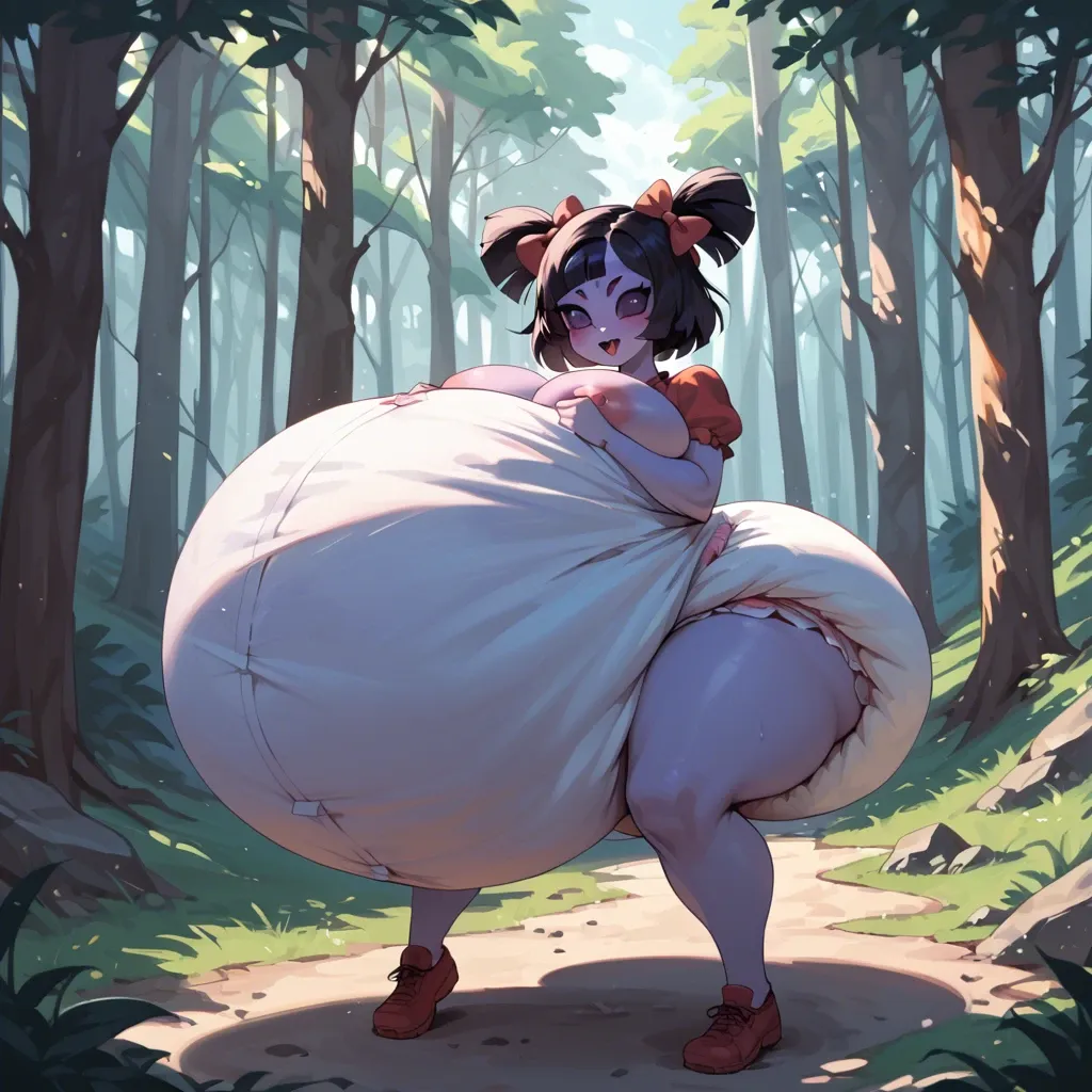 1 girl,solo,,,, muffet (Undertale), massive tits, massive ass, wide hips, thick thighs, diaper, hyper pregnancy, forest, blushing