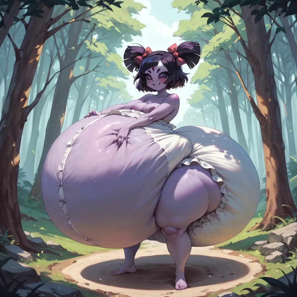 1 girl,solo,,,, muffet (Undertale), hyper tits, hyper ass, hyper hips, hyper thighs, hyper diaper, hyper pregnancy, gigantic size, super tall, forest, blushing, smiling, topless, standing, purple skin