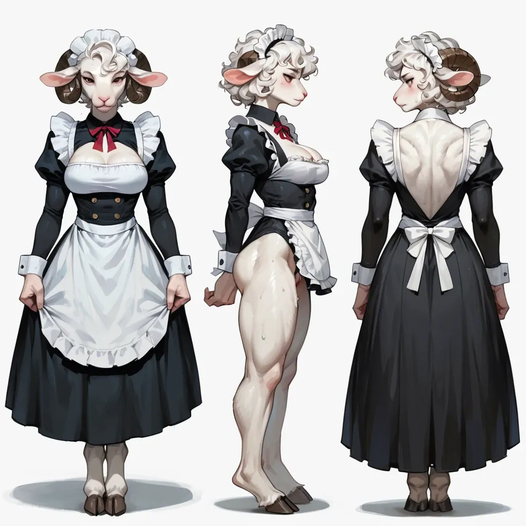 Furry, girl, anthropomorphic sheep, tall, broad shoulders, abs, large pile, white fur, hooves, stands, maid's clothes, long curly white hair, wet pussy, multiple  angles