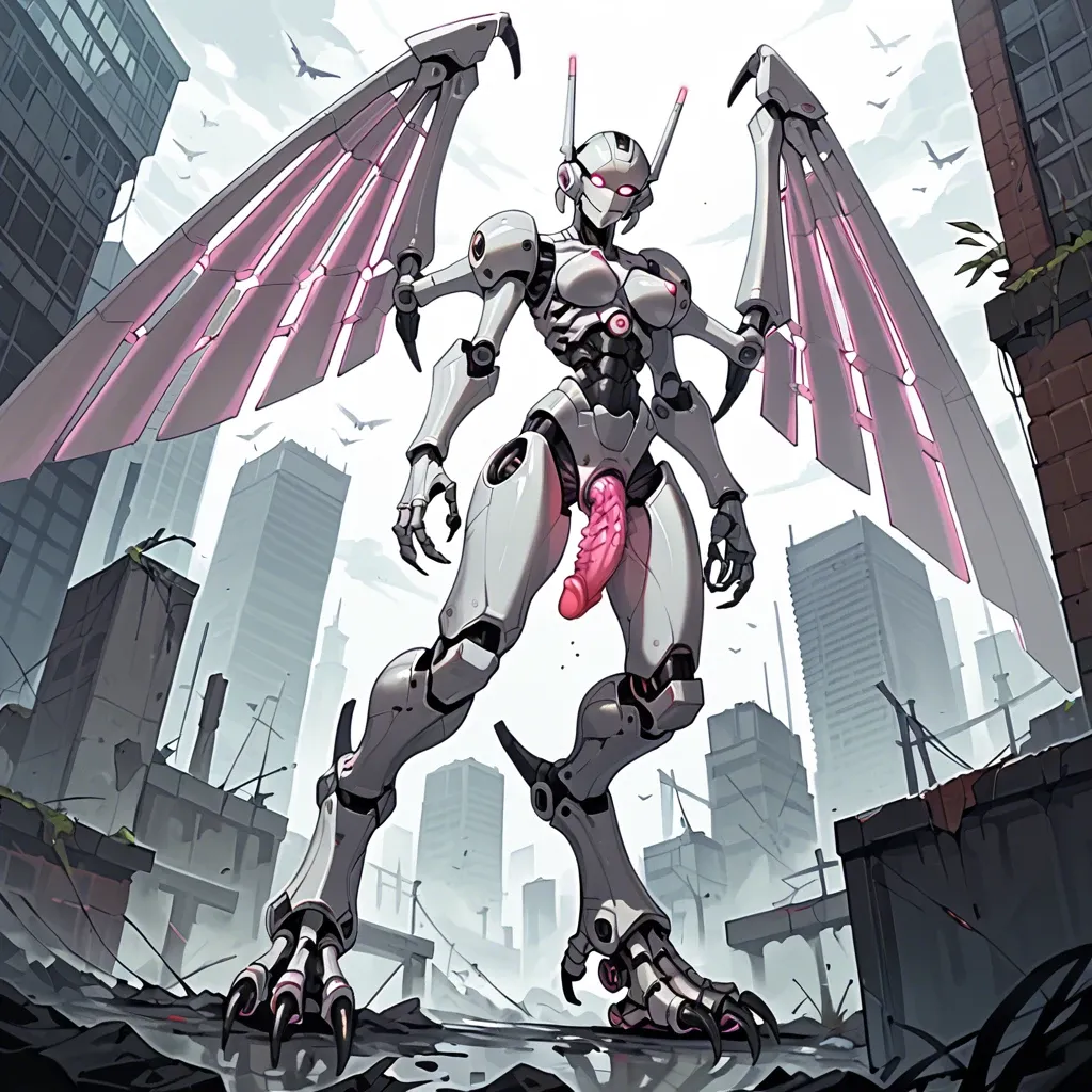 Giant robot, futanari, robotic wings, robotic digitigrade legs, robotic talons, skinny, skeletal, armored face, silver metal skin, glowing pink eyes, glowing pink penis, post-apocalyptic city, from below