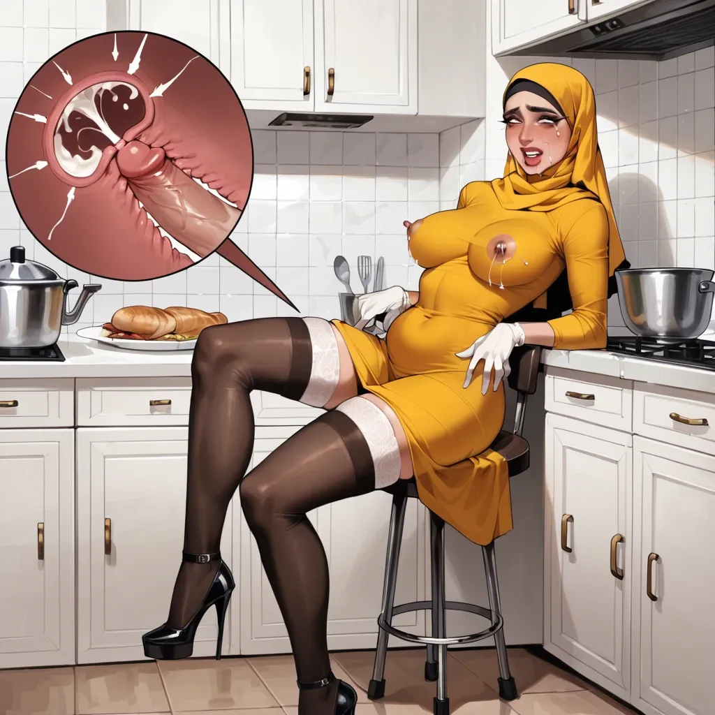 Hijab woman,high heels,stockings,high gloves,yellow dress,lactating,crying,smiling,aheago face,sex,fertilization,in kitchen,x-ray