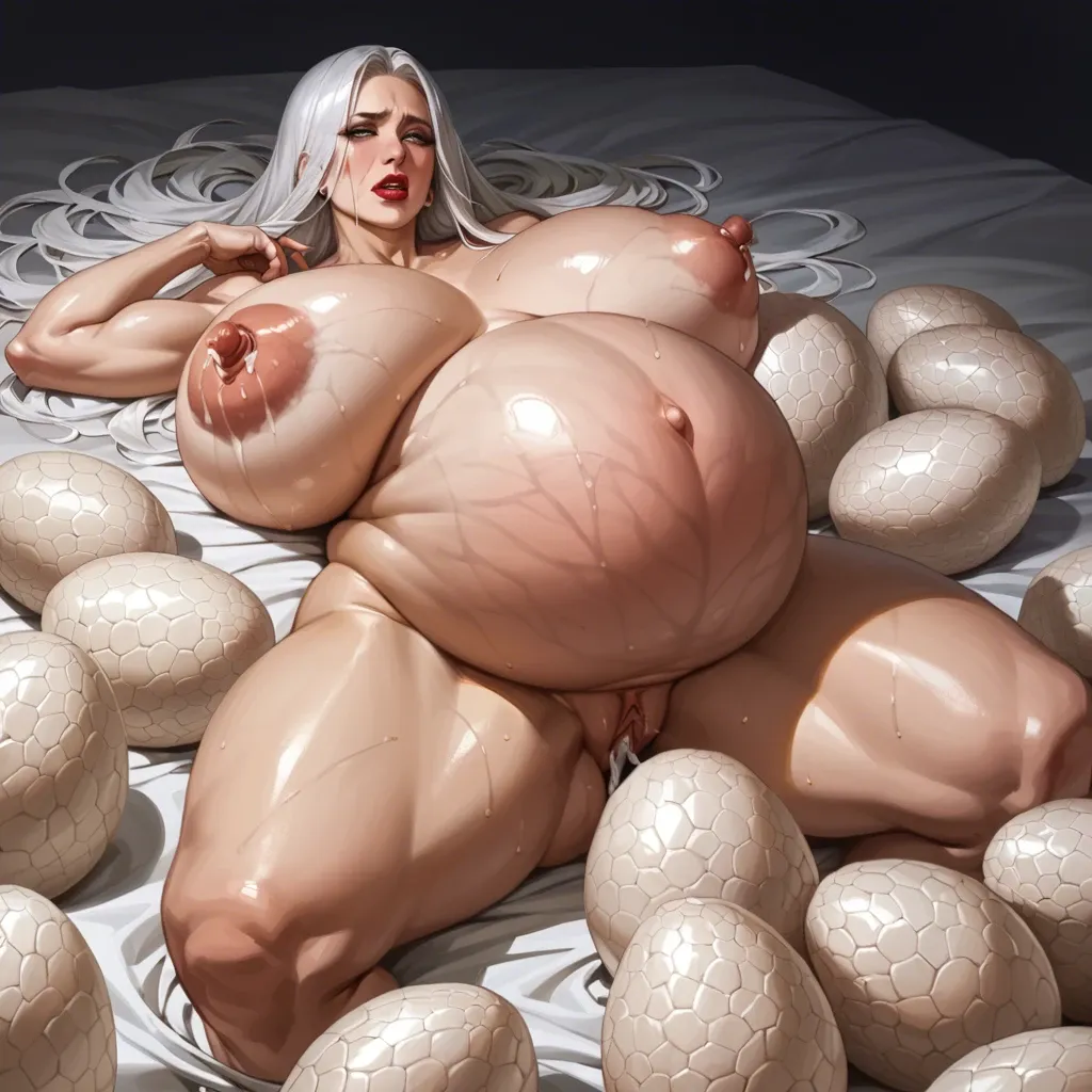 Milf, thicc girl, extra large tits, extra large boobs, extra large breasts, hyper huge gigantic pregnant belly, belly inflation, non-stop laying big eggs from vagina