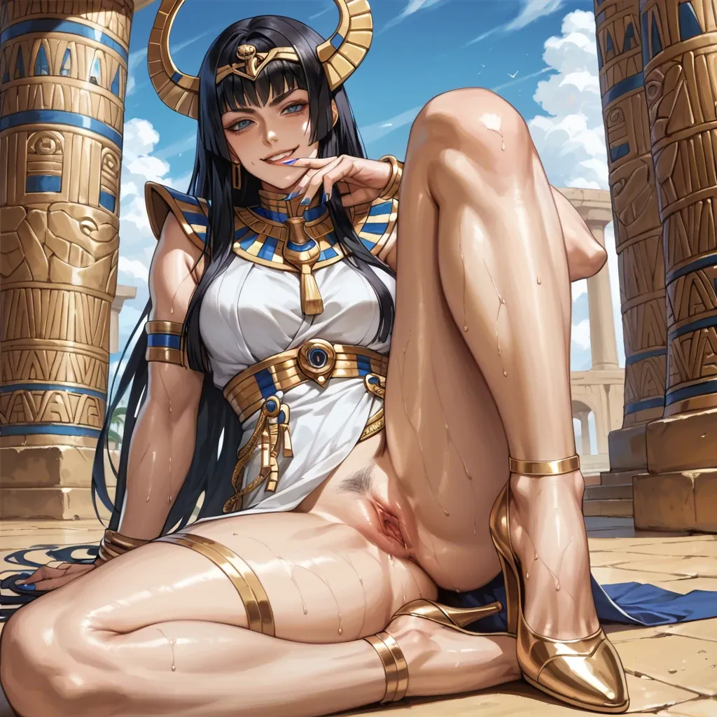 Satsuki kiryuin, high heels, foot on face  stepping on face soft smile, gentle smile, seductive eyes, polished nails standing fetish one foot raised pussy, head tilt, Egyptian, anime art style, long legs, thick thighs, sweaty, smirking, navel piercing, athletic, thin waist, foot focus, painted toenails, feet, nude, standing, high heels, knee up, foot fetish, anklet, jewellery,