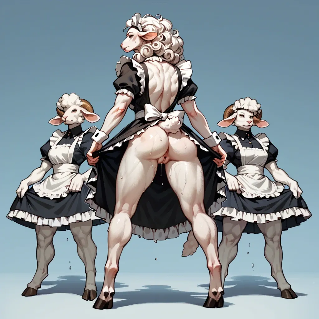 Furry, girl, anthropomorphic sheep, tall, broad shoulders, abs, large pile, white fur, hooves, stands, maid's clothes, long curly white hair, stands bent , rear view, wet pussy, multipul