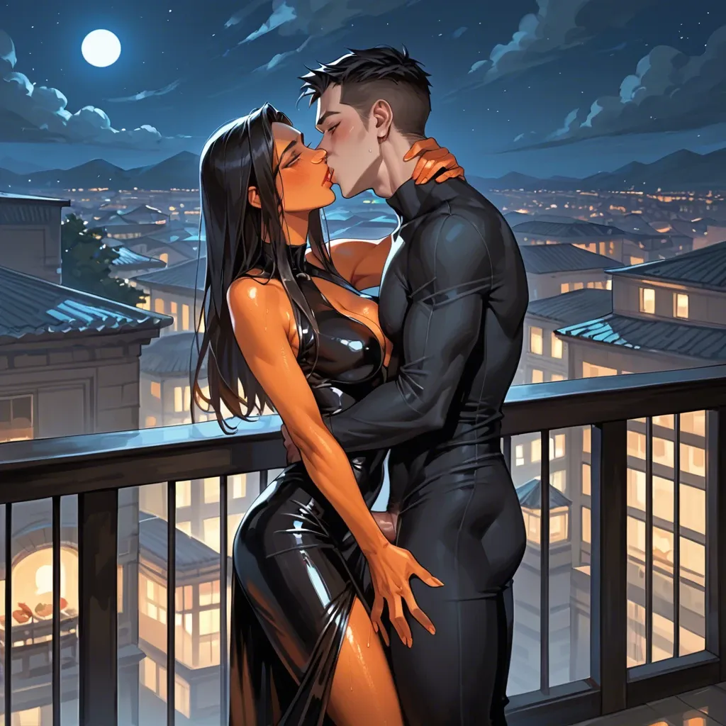 1girl, orange skin, long silky black hair, orange eyes, black snakeskin dress, tight dress, black snakeskin tights, kissing a man, dick in vagina, creampie, balcony, night