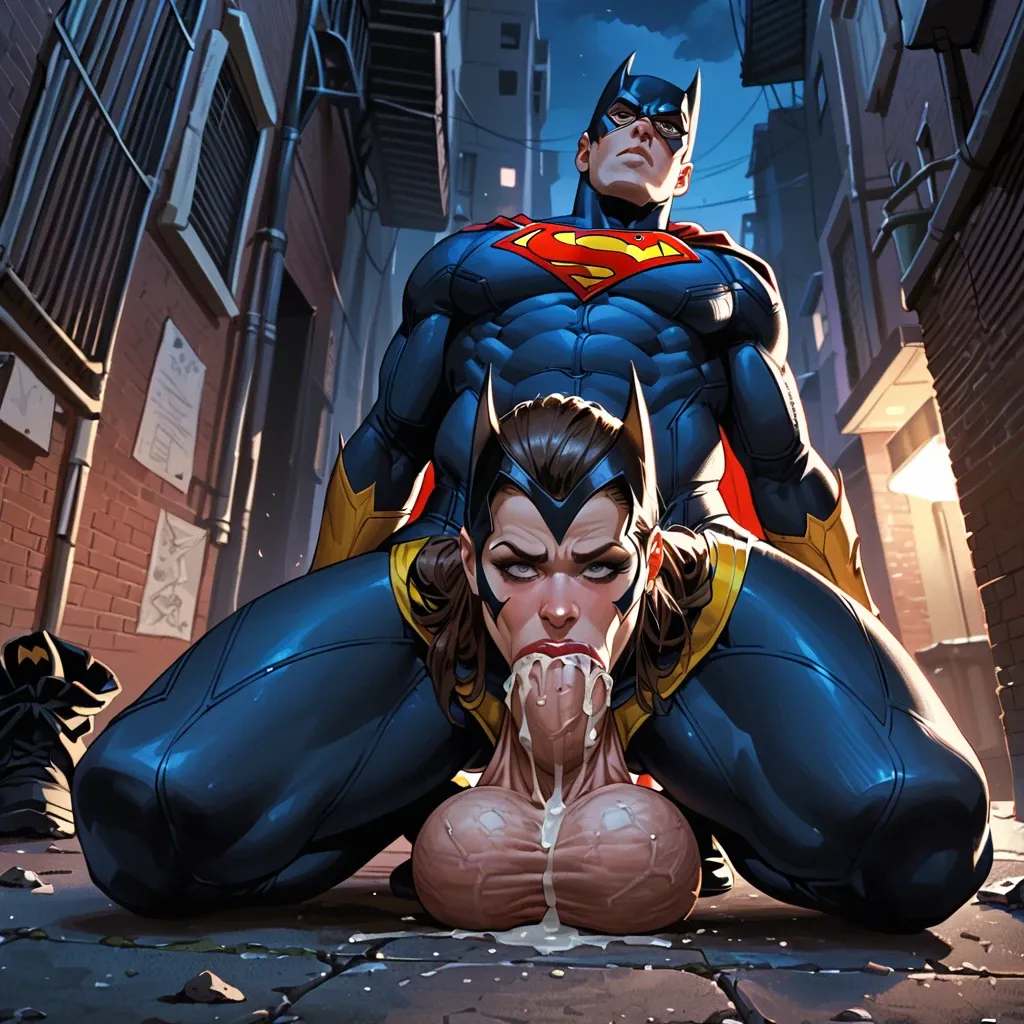 Comics,detailed,night,alley,superman kneeling,batgirl lying on ground,reverse deepthroat,cum dripping,huge balls,throat bulge,low angle