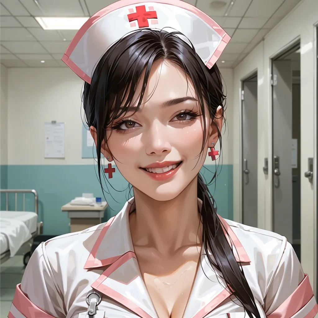 Sexy Asian nurse fuckdoll, Hospital, flirting, smiling, portrait