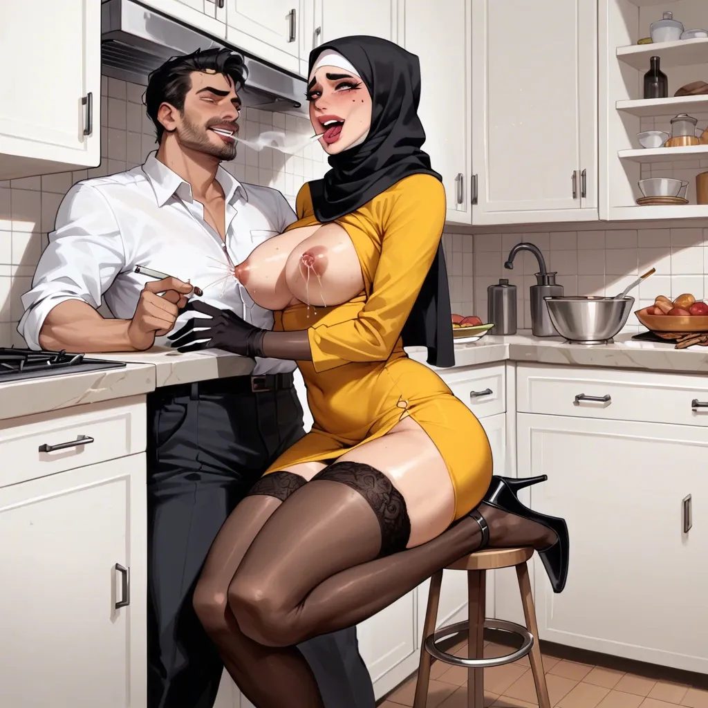 Hijab woman,high heels,stockings,high gloves,yellow dress,lactating,crying,smiling,aheago face,sex,fertilization,in kitchen,x-ray,smoking