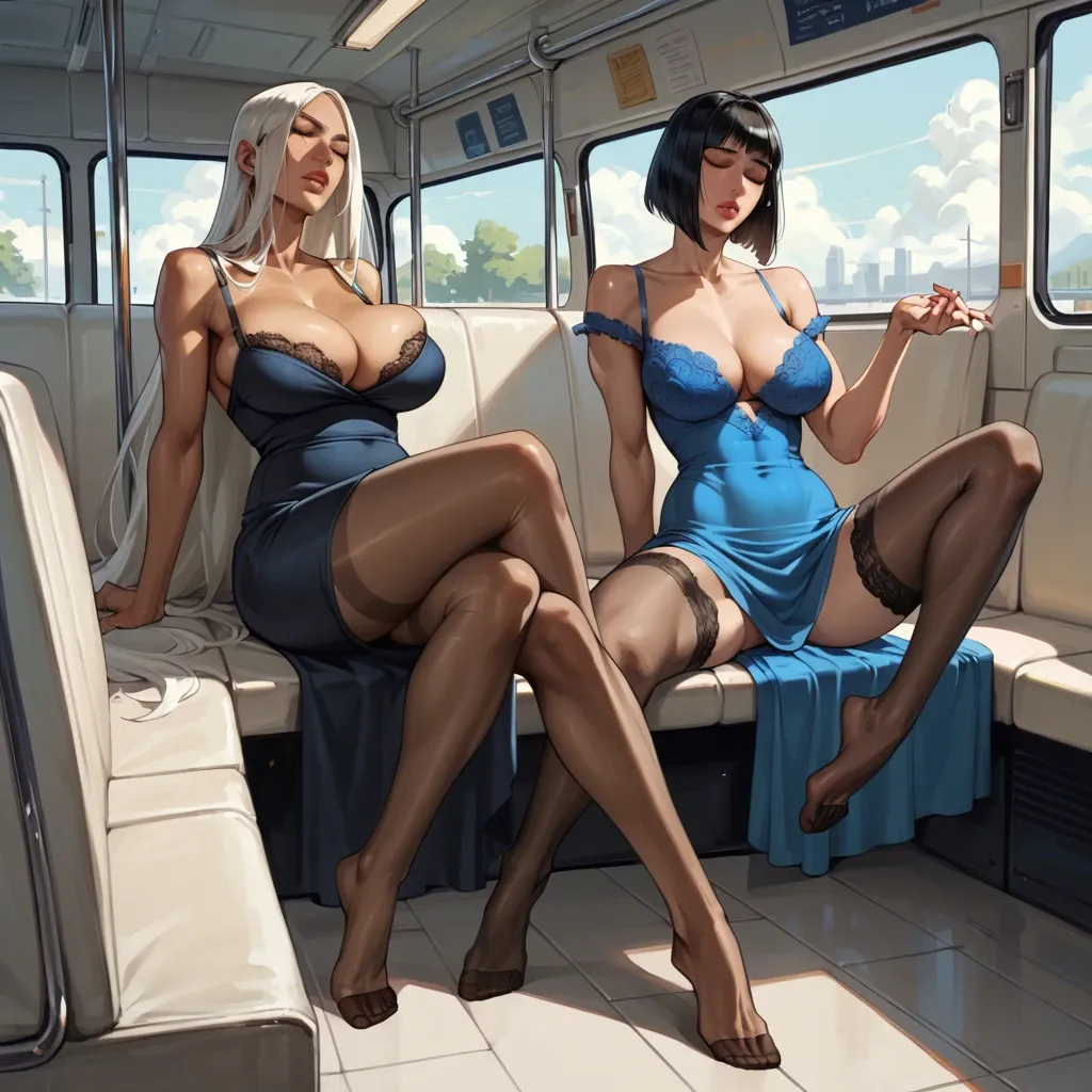 1girl,character miruko, stockings,toe stockings,excessive women juice,slip,foot,on the bus,big saggy breasts,dress,lace bra,bob haircut, pantyhose,eyes closed,plump lips,skinny,skinny legs