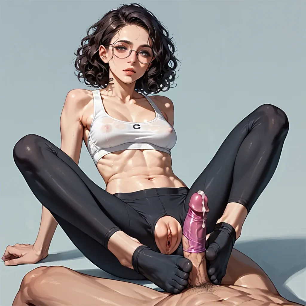 anime, shaved pussy, curly hair, teen, big round glasses, virgin, innocent, flat tits, micro tits, yoga pants, volleyball, mini socks, footjob, socks fetish, condom on penis, cum drip