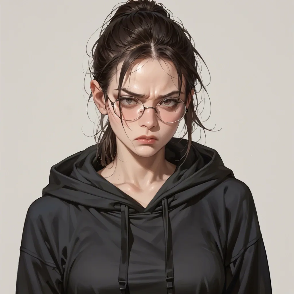 hyperrealistic, black hoodie, petite girl, clothed, ponytail, round eyeglasses, annoyed