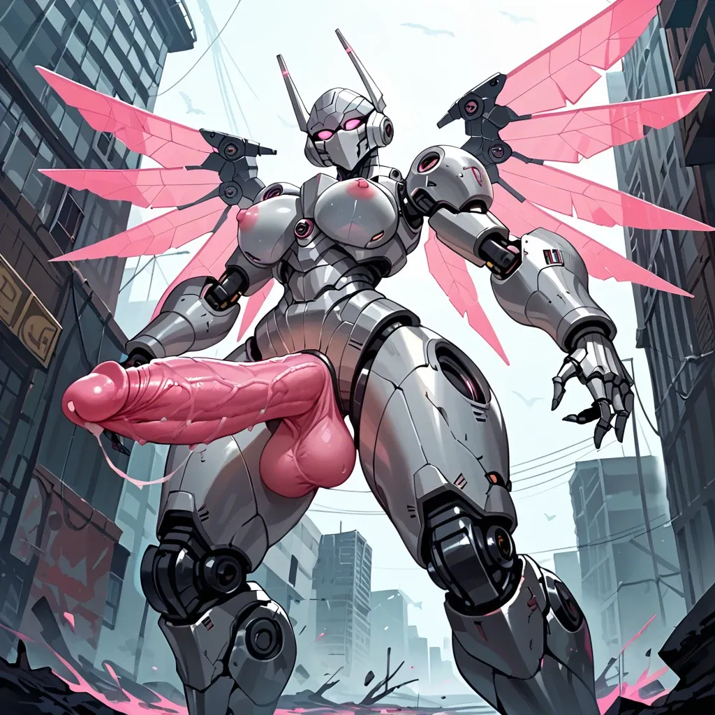 Giant robot, futanari, robotic wings, robotic bird legs, armored body, armored face, silver metal skin, glowing pink eyes, glowing pink tentacle penis, post-apocalyptic city, from below