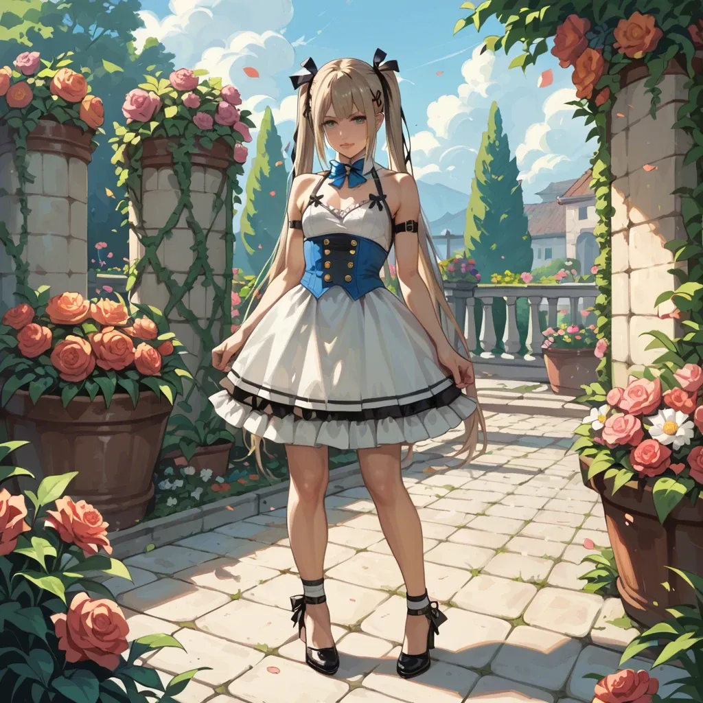 Marie Rose from DOA 6, chibi, petite, fully dressed, candy expression, standing, garden with flowers