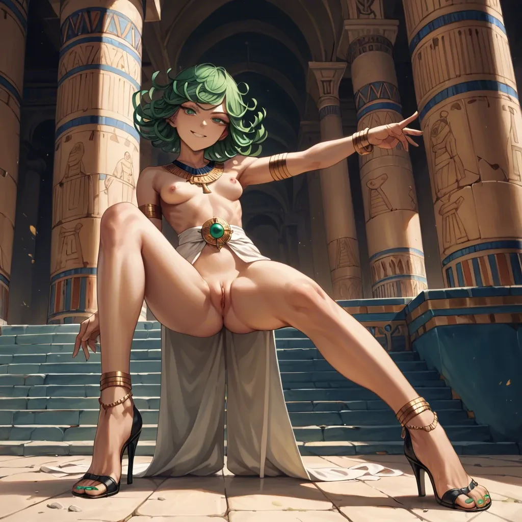 Tatsumaki, legs apart, thin waist, foot focus, painted toenails, feet, nude, standing, high heels, knee up, foot fetish, anklet, jewellery, soft smile,gentle smile, seductive eyes, head tilt, Egyptian, anime art style, long legs, thick thighs, sweaty, smirking, navel piercing, athletic,