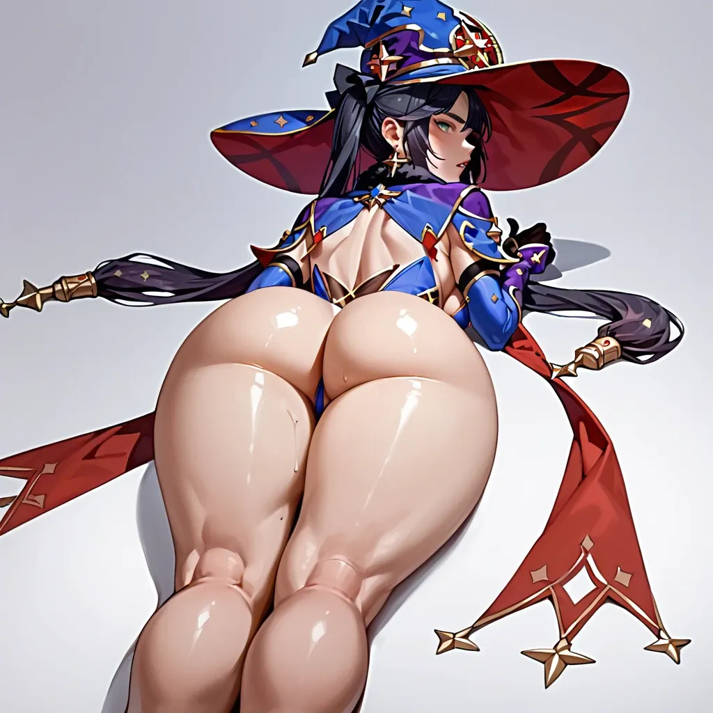 Mona from genshin impact, in her costume, person stand, on her big fat ass   lying huge dick