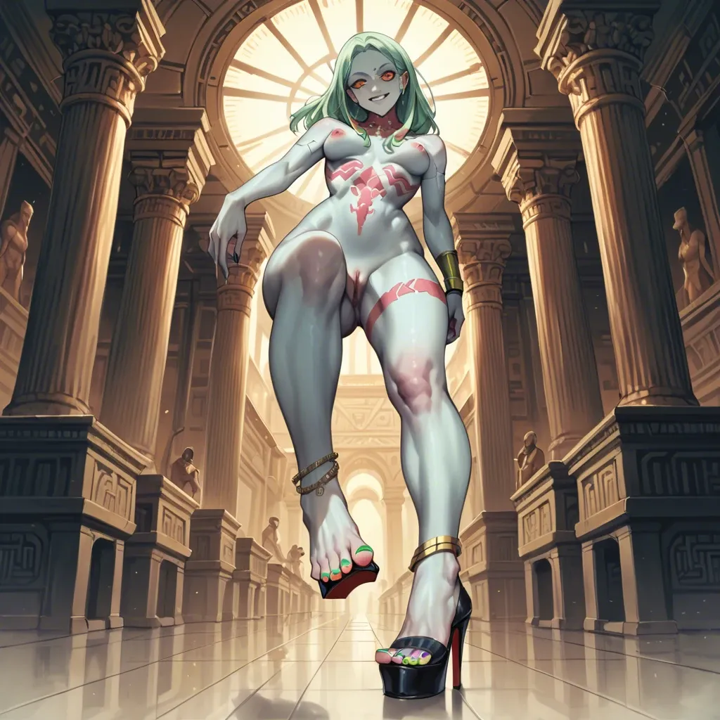 Rebecca cyberpunk edgerunners, thin waist, foot focus, painted toenails, feet, nude, standing, high heels, knee up, foot fetish, anklet, jewellery, soft smile,gentle smile, seductive eyes, head tilt, Egyptian, anime art style, long legs, thick thighs, sweaty, smirking, navel piercing, athletic,