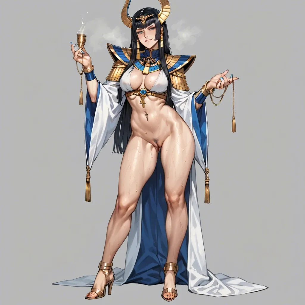 Satsuki kiryuin, high heels, soft smile, gentle smile, seductive eyes, polished nails standing fetish one foot raised pussy, head tilt, Egyptian, anime art style, long legs, thick thighs, sweaty, smirking, navel piercing, athletic, thin waist, foot focus, painted toenails, feet, nude, standing, high heels, knee up, foot fetish, anklet, jewellery,