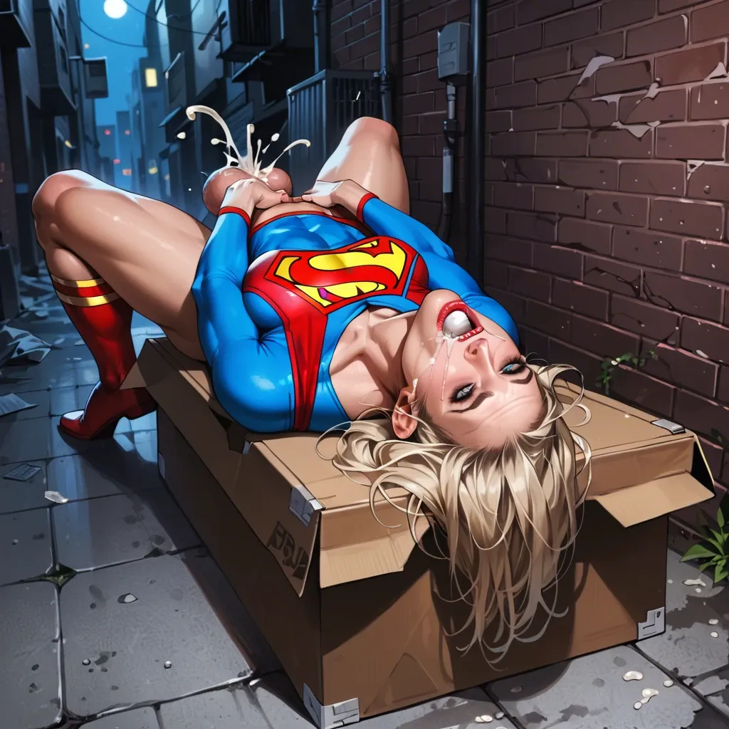 Supergirl (on back, lying on box),comics,night,alley,batman,reverse deepthroat,cum dripping,huge balls,throat bulge