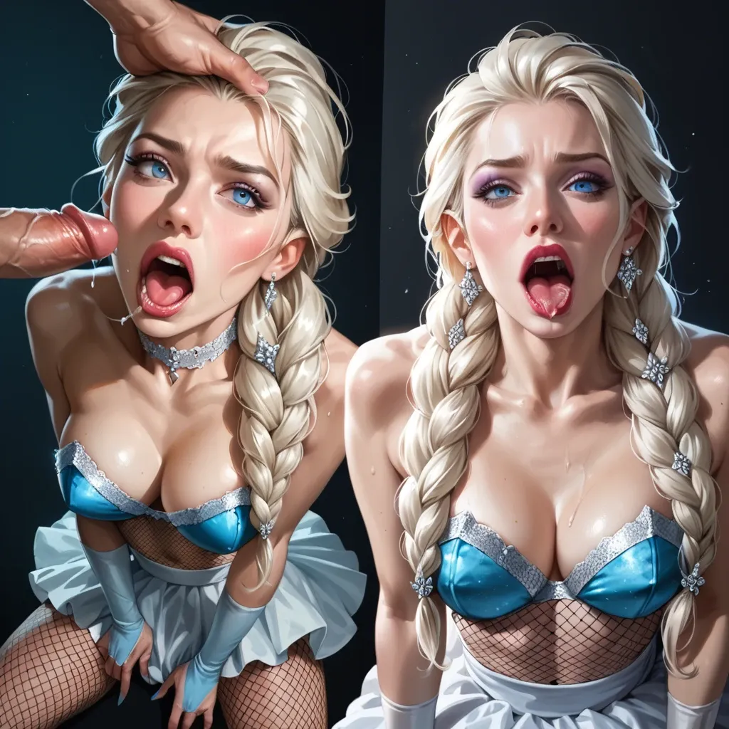 Princess Elsa, realistic, eye contact, multiple view, French maid costume, fishnet, forced fuck, gasp, anal