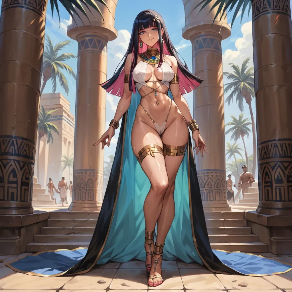 Standing, Anarchy party and stocking, two tone hair pink under hair , soft smile, gentle smile, seductive eyes, head tilt, Egyptian, anime art style, long legs, thick thighs, sweaty, smirking, navel piercing, athletic, thin waist, foot focus, painted toenails, feet, nude, standing, high heels, knee up, foot fetish, anklet, jewellery,