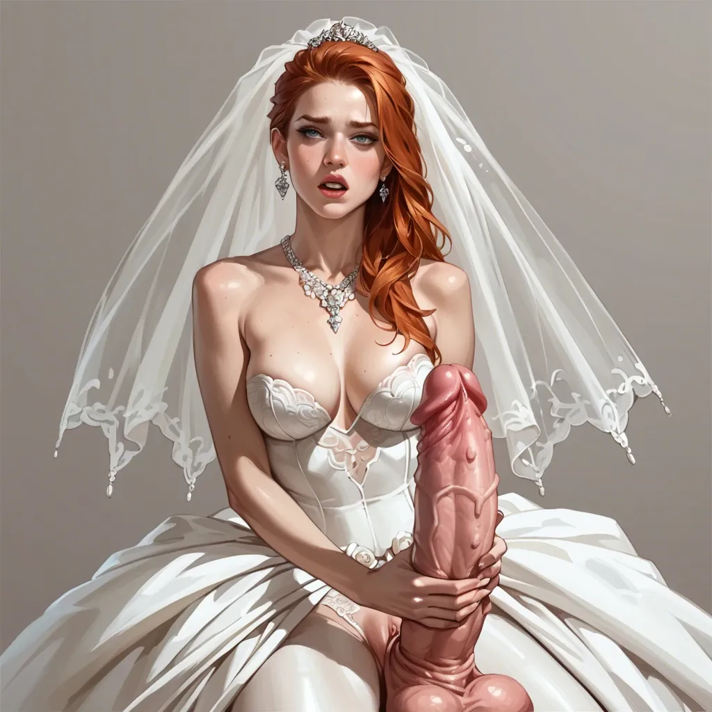 ultra realistic redhead, wearing wedding dress, masturbating with giant dildo