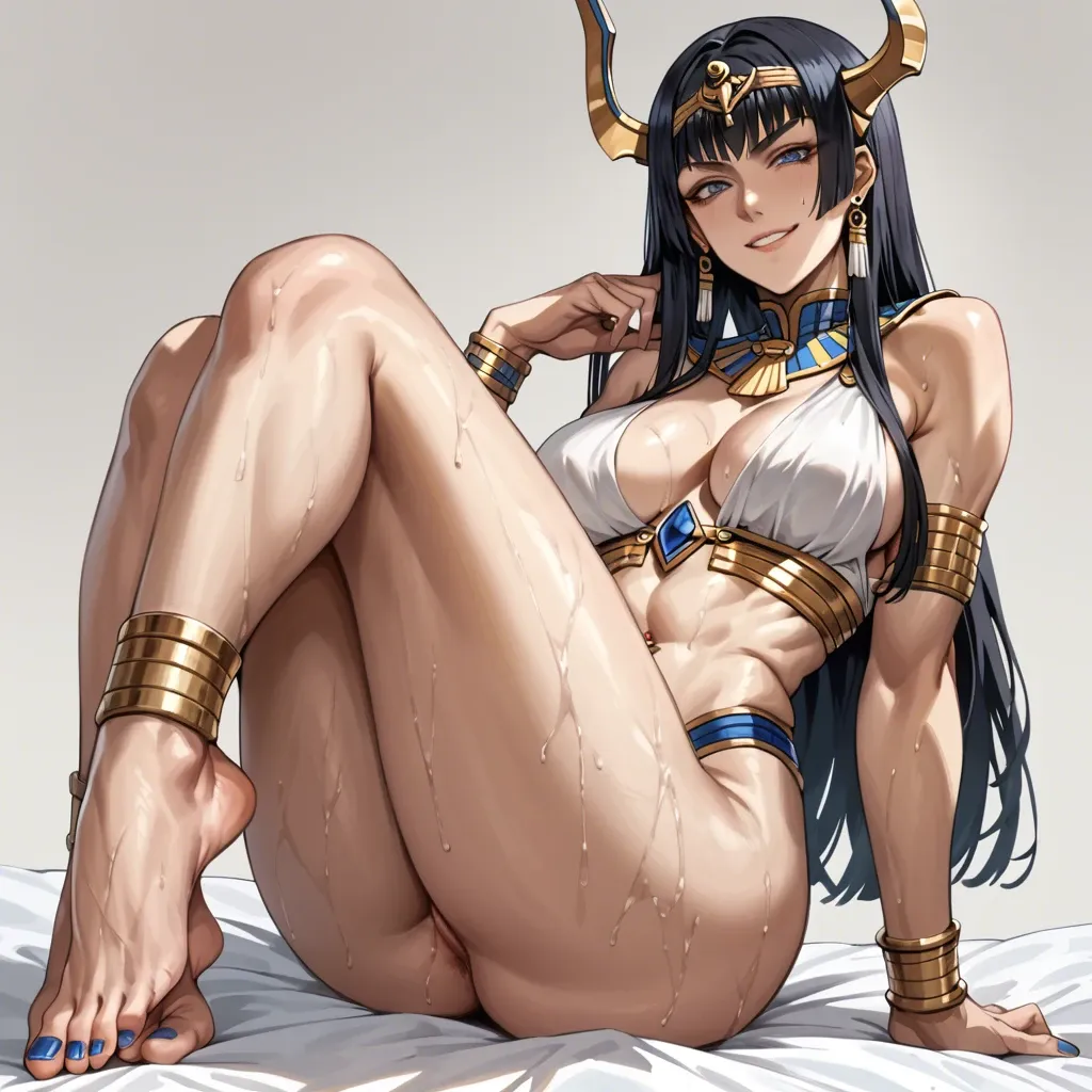 Satsuki kiryuin, soft smile, gentle smile, seductive eyes, head tilt, Egyptian, anime art style, long legs, thick thighs, sweaty, smirking, navel piercing, athletic, thin waist, foot focus, painted toenails, feet, nude, standing, high heels, knee up, foot fetish, anklet, jewellery,