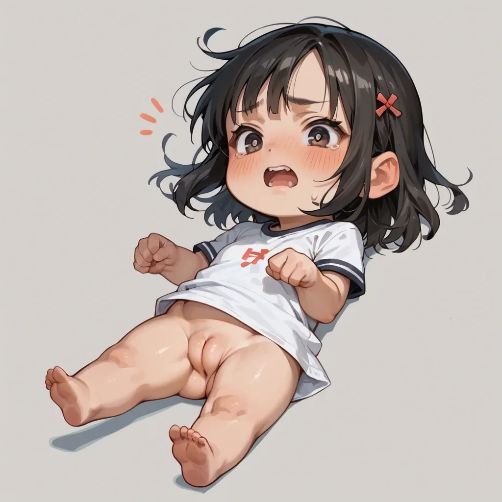 chibi, cute, t-shirt, asian, black hair, innie pussy, puffy pussy, school background, embarrassed,