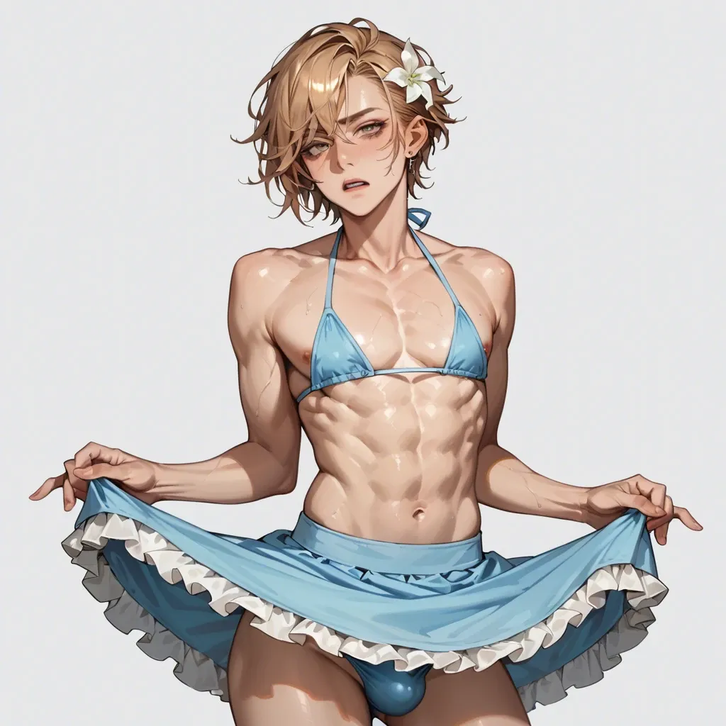 a crossdressing very femine  teenage boy (long blond hair, NO ABS) lifting his skirt to show his bulge in a firly bikini