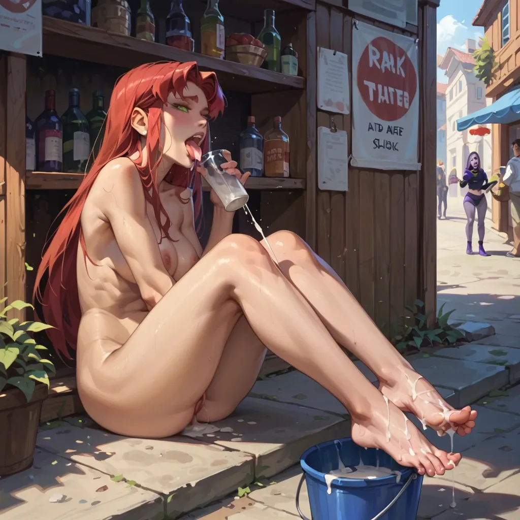 2 girl, raven from teen titans, public market, nude, bucket of cum, pouring bucket of cum on feet, Starfire from teen titans, tongue out, mouth open, licking feet,