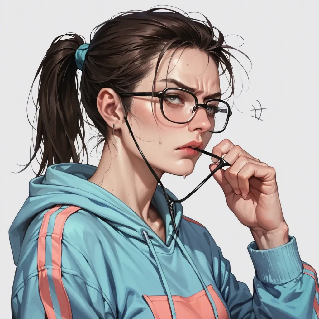 hyperrealistic, hoodie, petite girl, clothed, ponytail, eyeglasses, annoyed