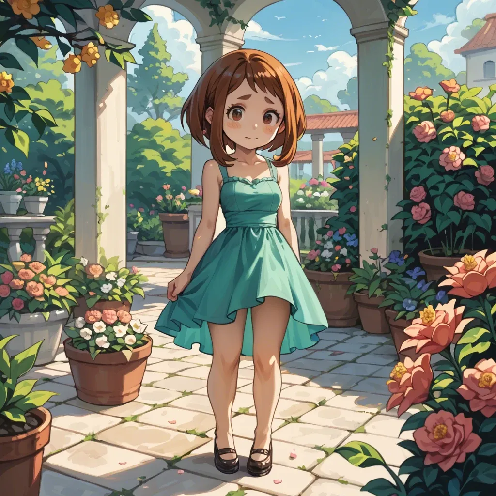 Ochako Uraraka, chibi, petite, fully dressed, dress and panty, candy expression, standing, garden with flowers