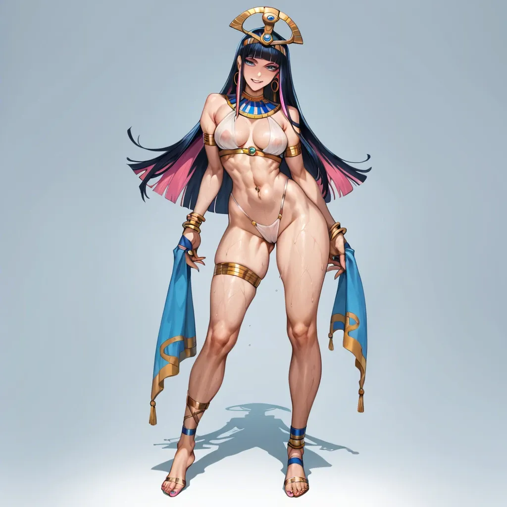 Standing, Anarchy party and stocking, two tone hair pink under hair , soft smile, gentle smile, seductive eyes, head tilt, Egyptian, anime art style, long legs, thick thighs, sweaty, smirking, navel piercing, athletic, thin waist, foot focus, painted toenails, feet, nude, standing, high heels, knee up, foot fetish, anklet, jewellery,