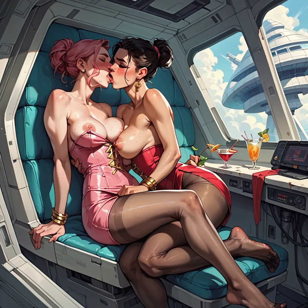 2girl, , , , freckles,women bare feet,whore cleavage,bent at waist,broad shoulders, nose blush,hands tied,hard nipples,breastfeeding,skin detail, cocktail dress,tights,gold bracelets,pink corset,no shoes, spaceship, shelf, samus, ariel waifu