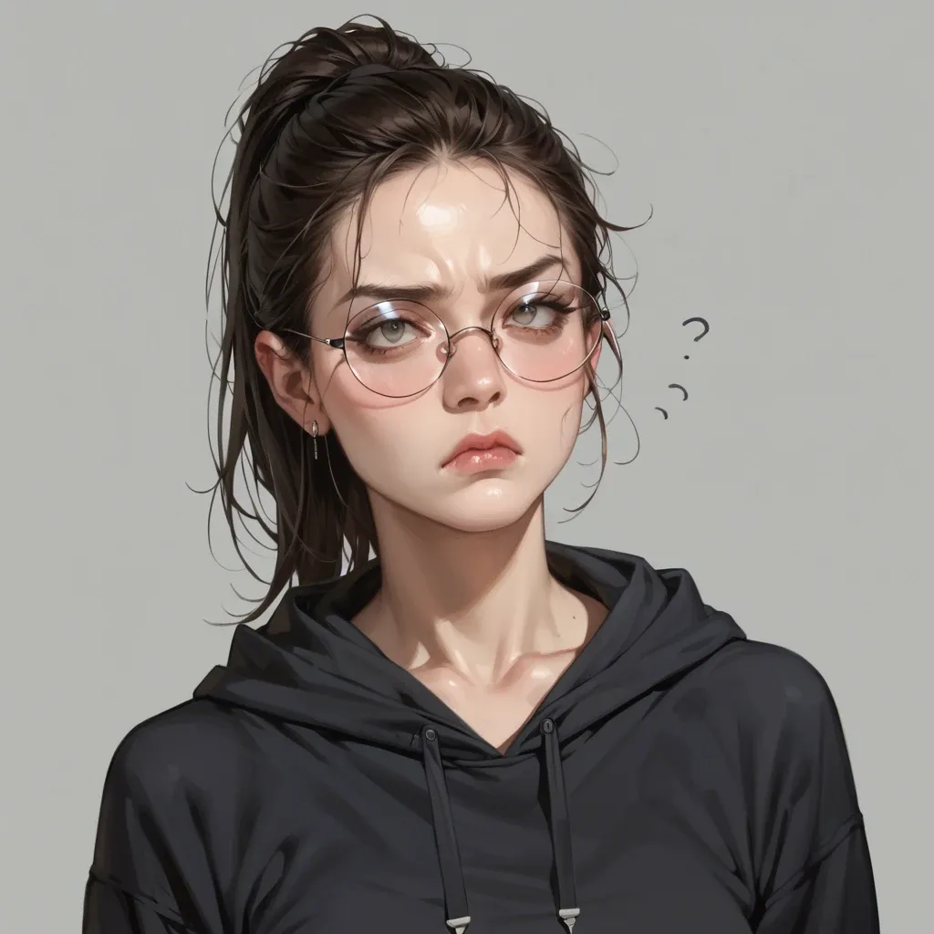 hyperrealistic, black hoodie, petite girl, clothed, ponytail, round eyeglasses, annoyed