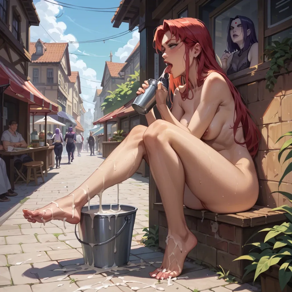 2 girl, raven from teen titans, public market, nude, bucket of cum, pouring bucket of cum on feet, Starfire from teen titans, tongue out, mouth open, licking feet,