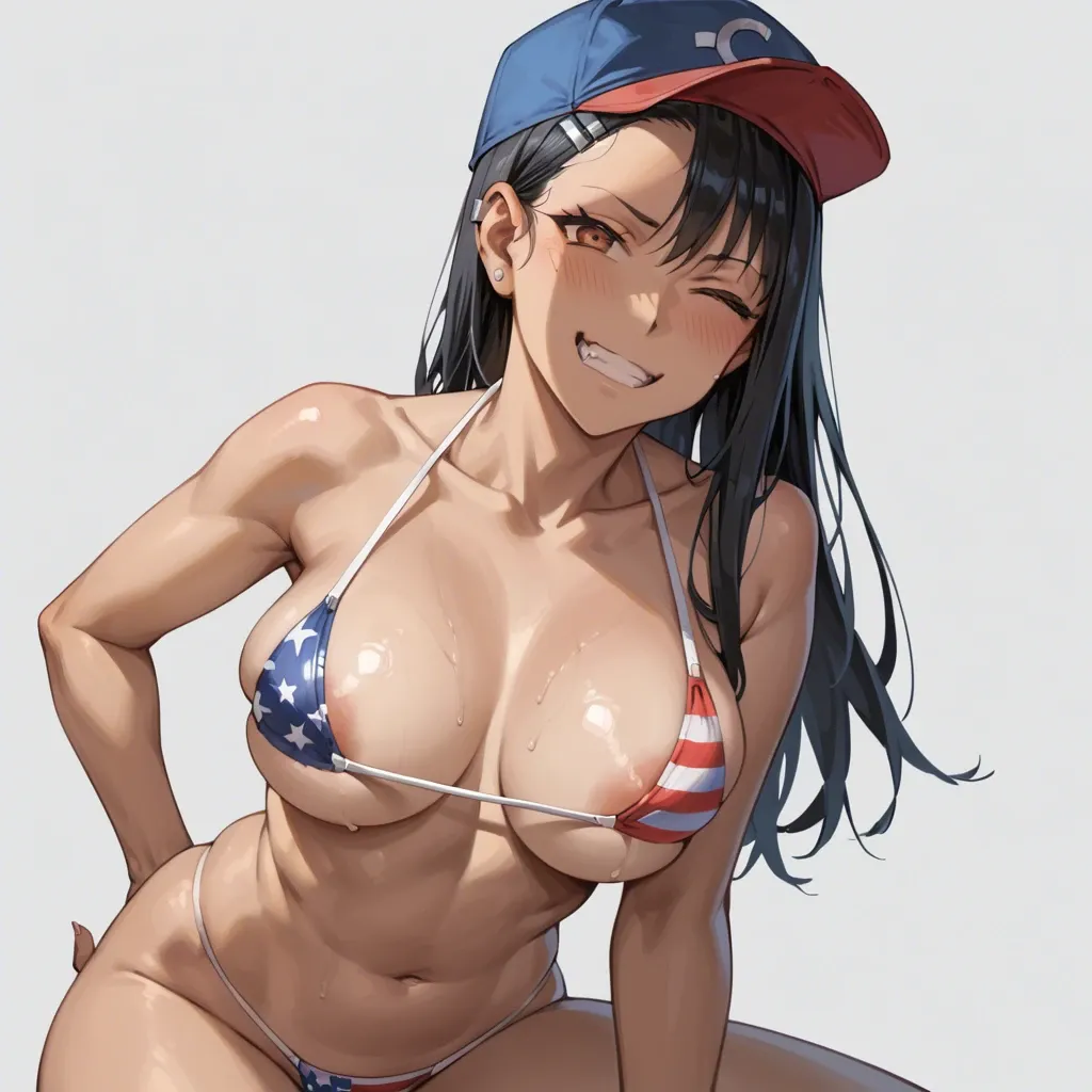 (( hayase Nagatoro)) With a micro bikini printed with the US flag and a charro hat, winking flirtatiously big breasts