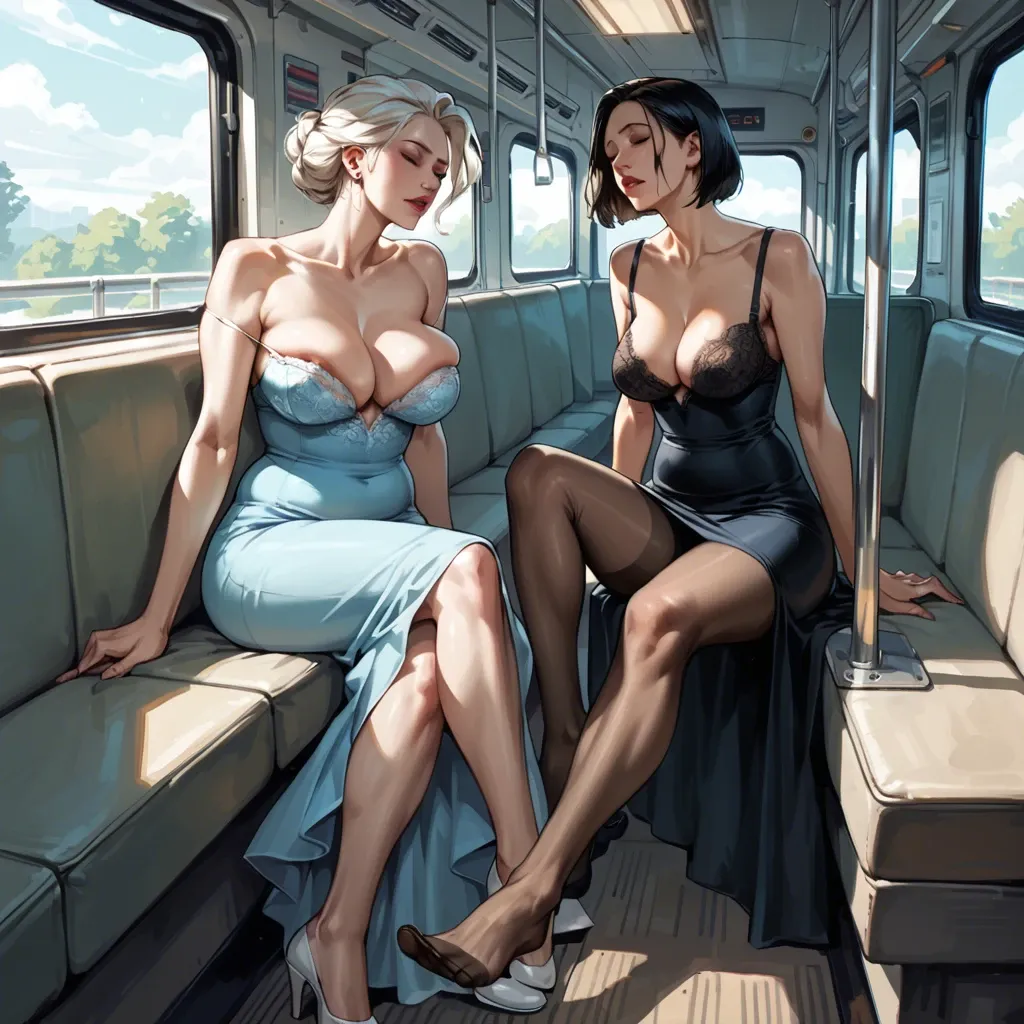 1girl,character elsa,excessive women juice,slip,foot,on the bus,big saggy breasts,dress,lace bra,bob haircut, pantyhose,eyes closed,plump lips,skinny,skinny legs