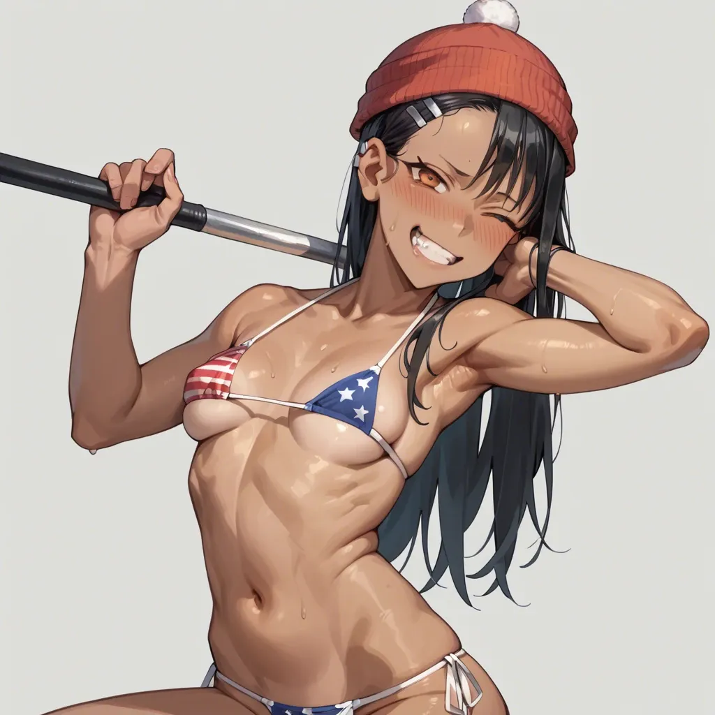 (( hayase Nagatoro)) With a micro bikini printed with the US flag and a charro hat, winking flirtatiously