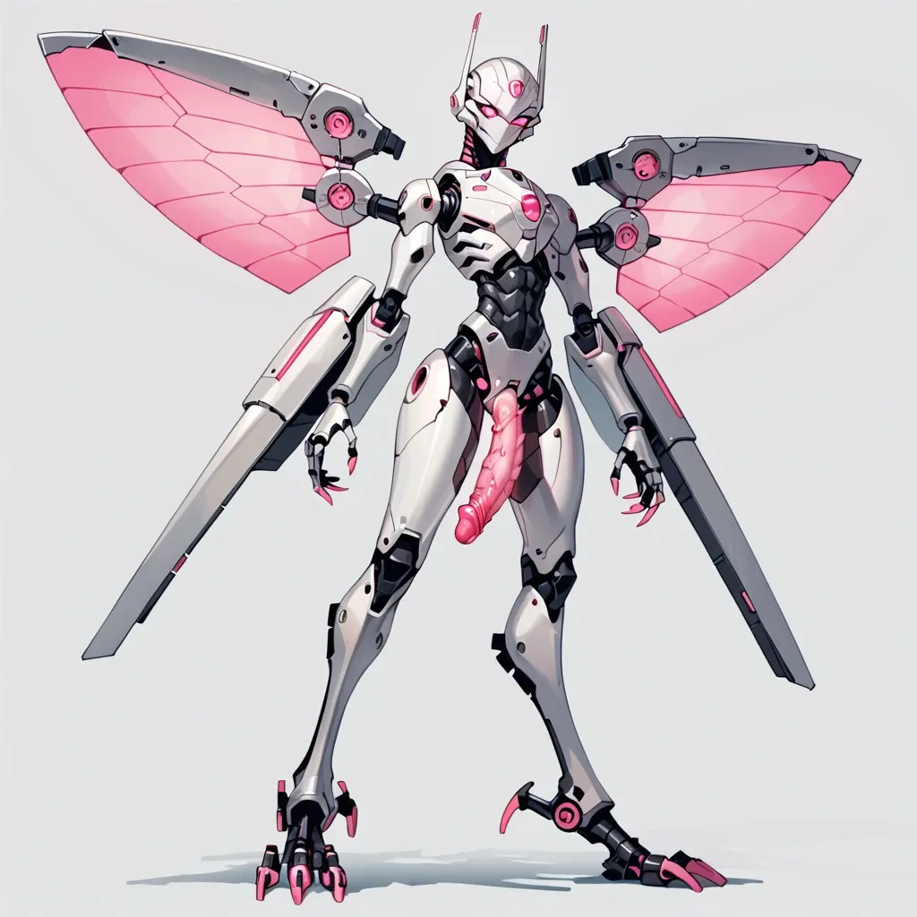 Giant robot, femboy, tall, robotic wings, robotic digitigrade legs, robotic talons, skinny, hourglass waist, armored face, silver metal skin, exoskeleton, glowing pink eyes, glowing pink penis, glowing pink tentacles, post-apocalyptic city, from below