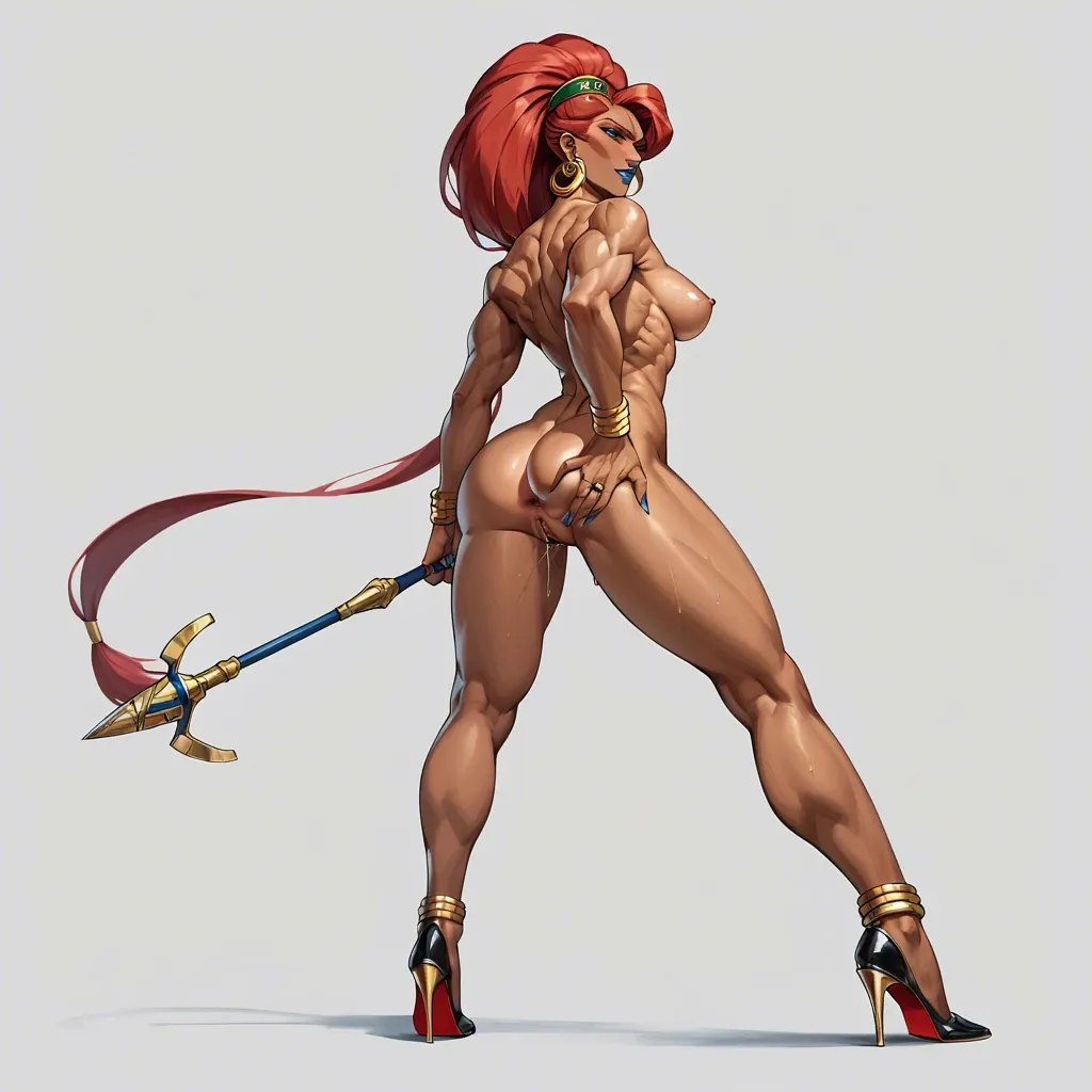 Urbosa, smirking, head tilt, Egyptian, standing, high heels, one leg raised, foot fetish, anklet, jewellery, arched back muscular back defined back facing away grabbing ass spreading anus, pussy juice ,anime art style, long legs, thick thighs, sweaty, navel piercing, athletic, thin waist, foot focus, painted toenails, nude,