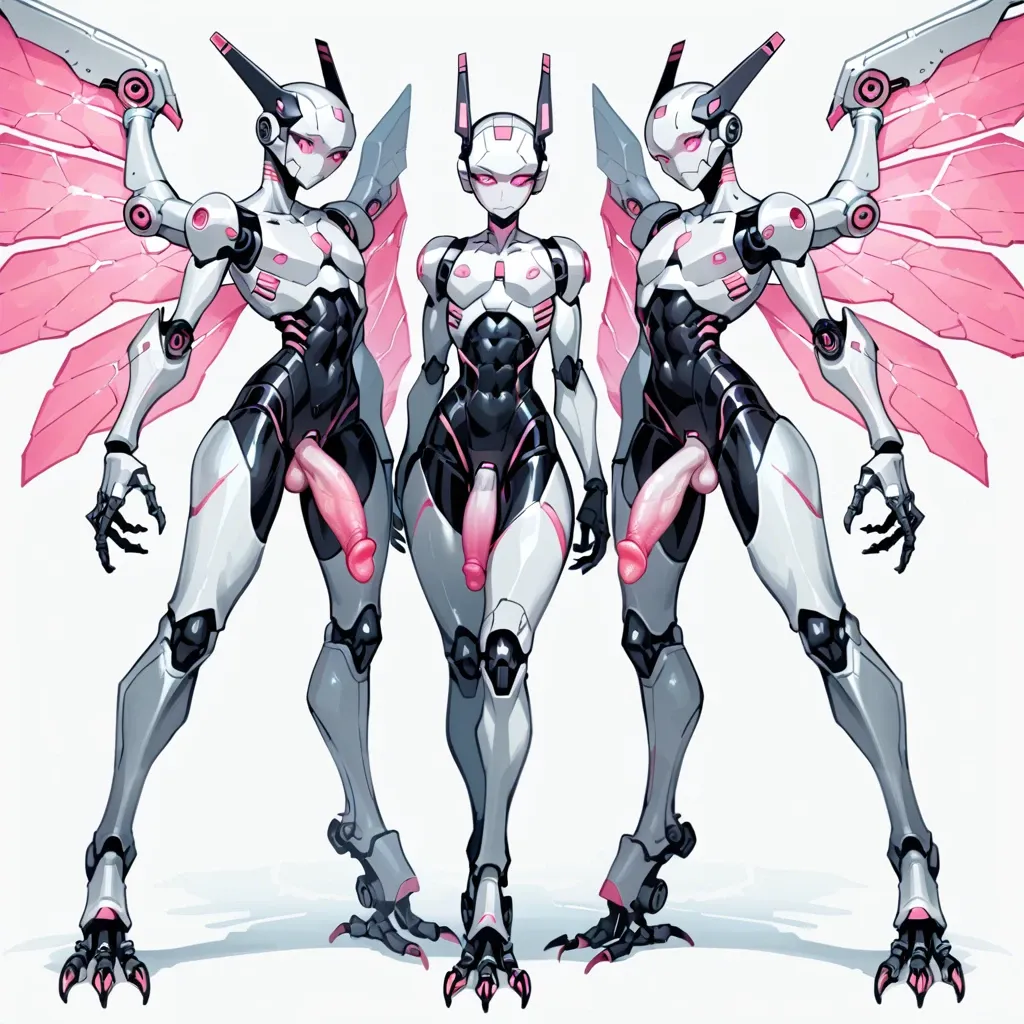 giant robots, femboys, three males, triplets, tall, robotic wings, robotic digitigrade legs, robotic talons, skinny, hourglass waist, armored face, silver metal skin, glowing pink eyes, glowing pink penis, glowing pink tentacles, post-apocalyptic city, from below