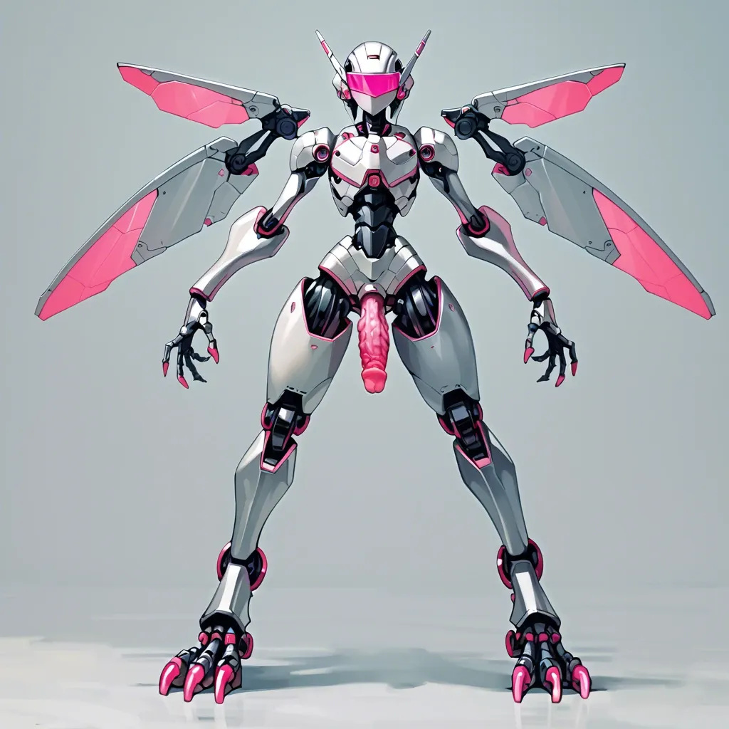 giant robot, femboy, tall, robotic wings, robotic digitigrade legs, robotic talons, skinny, hourglass waist, armored face, silver metal skin, exoskeleton, glowing pink visor, glowing pink penis, glowing pink tentacles, post-apocalyptic city, from below