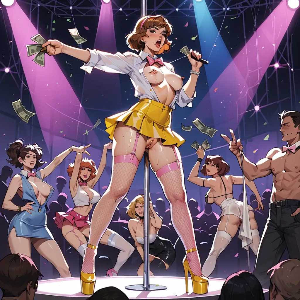 April O'Neil, anime, wet cloth, white button blouse, pink bowtie, nipple piercing, yellow tight micro skirt, pink garter belt, fishnet socks, platform white high heels, pole dancing for money, money in her socks, in a concert, pubic hair, anal beads,  clitoris piercing,