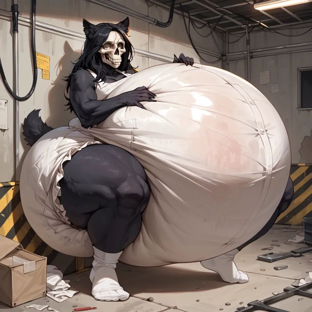 1 girl,solo,,,, SCP 1471, hyper tits, hyper ass, wide hips, hyper thighs, skull diaper, hyper pregnancy, empty construction site, white knee socks,  black fur